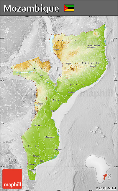 Physical Map of Mozambique, lighten, desaturated