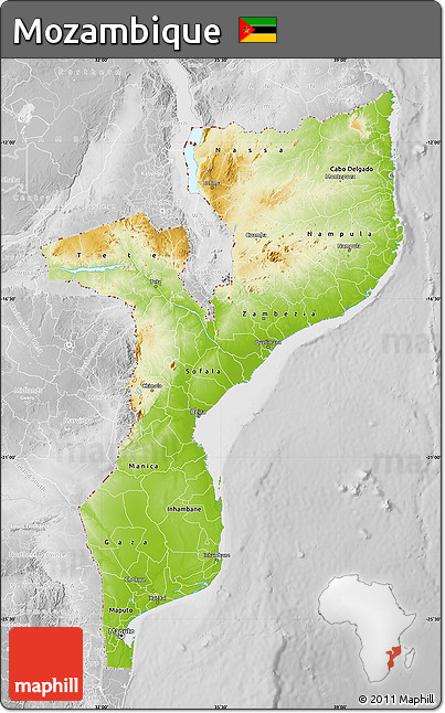 Physical Map of Mozambique, lighten, desaturated