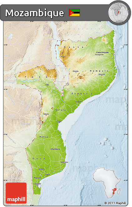 Physical Map of Mozambique, lighten