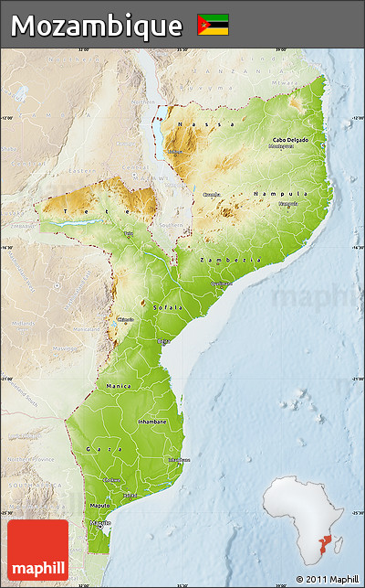 Physical Map of Mozambique, lighten