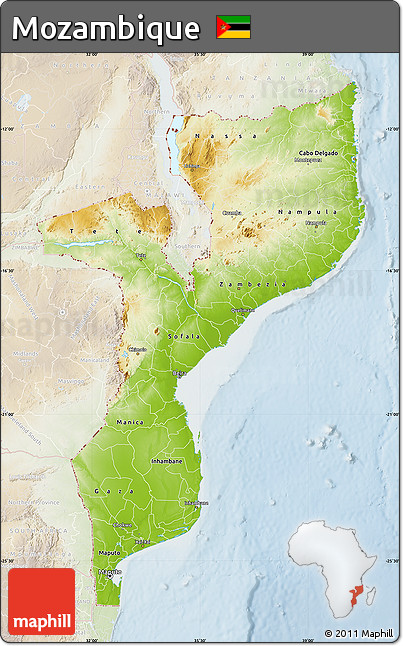 Physical Map of Mozambique, lighten