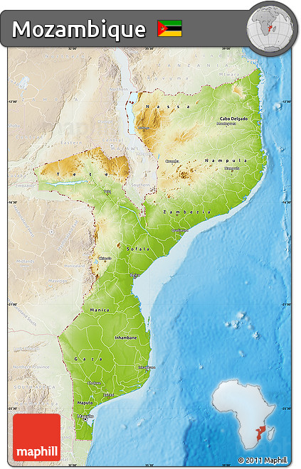 Physical Map of Mozambique, lighten, land only