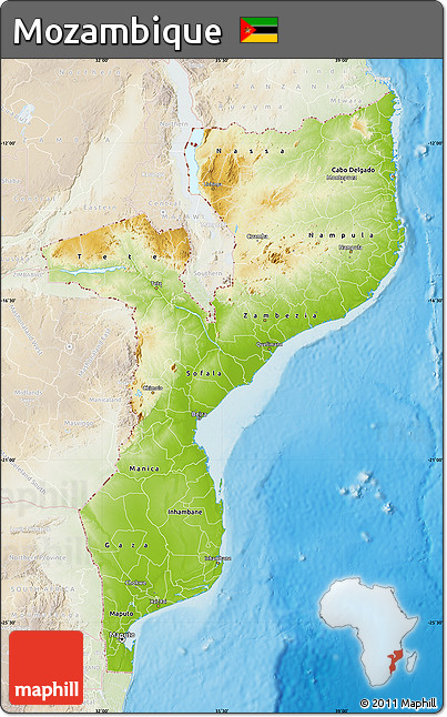 Physical Map of Mozambique, lighten, land only