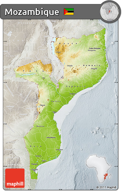 Physical Map of Mozambique, lighten, semi-desaturated