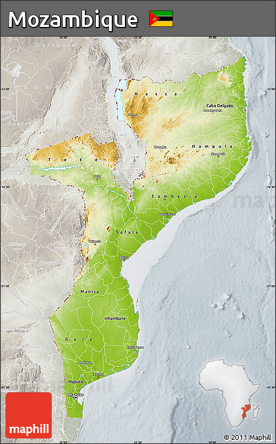 Physical Map of Mozambique, lighten, semi-desaturated