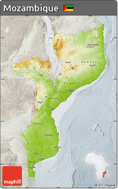 Physical Map of Mozambique, lighten, semi-desaturated