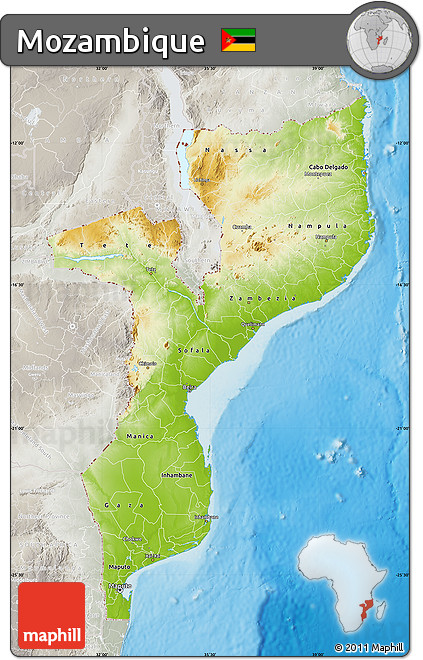 Physical Map of Mozambique, lighten, semi-desaturated, land only