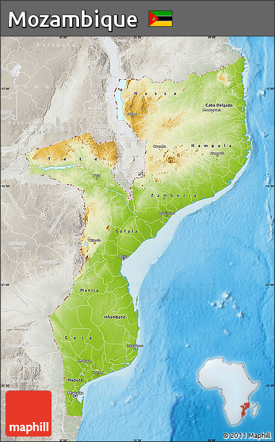 Physical Map of Mozambique, lighten, semi-desaturated, land only