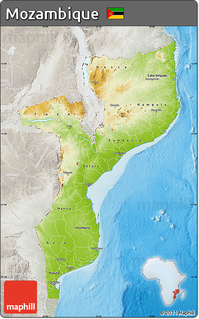 Physical Map of Mozambique, lighten, semi-desaturated, land only