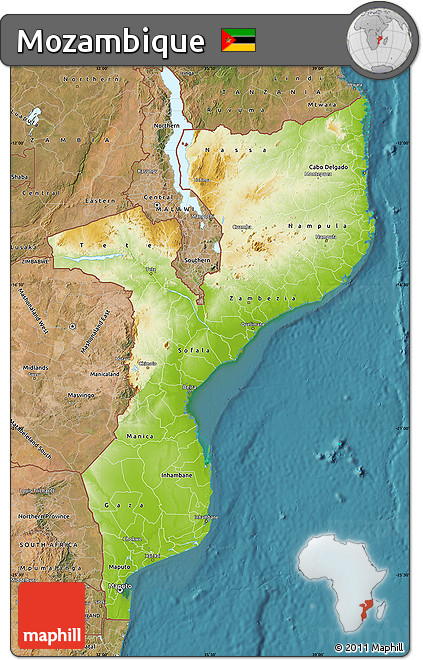 Physical Map of Mozambique, satellite outside
