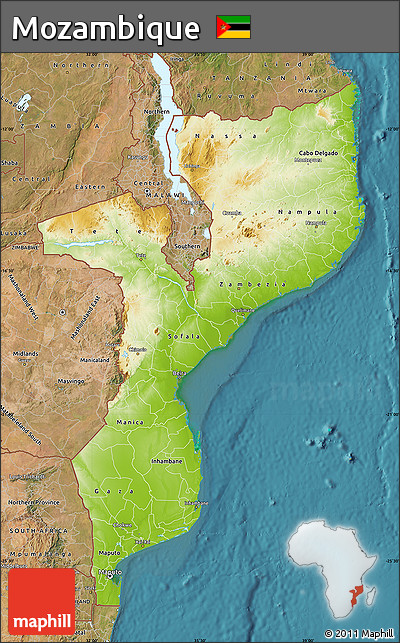 Physical Map of Mozambique, satellite outside