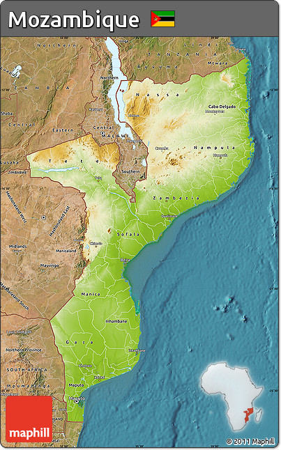 Physical Map of Mozambique, satellite outside