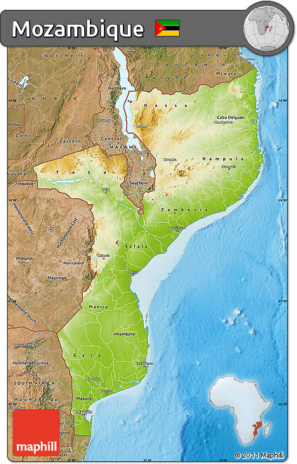Physical Map of Mozambique, satellite outside, shaded relief sea