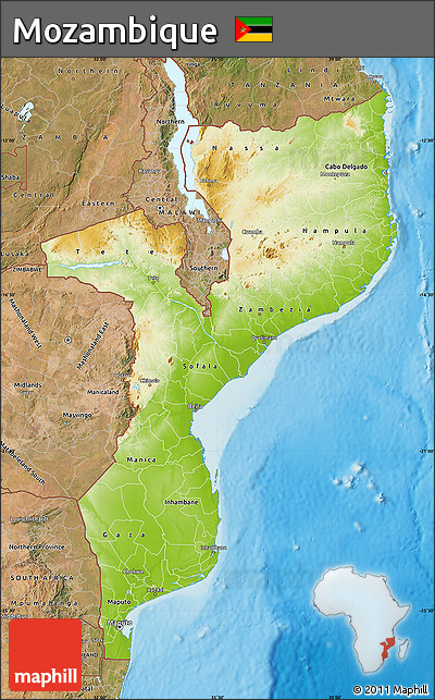 Physical Map of Mozambique, satellite outside, shaded relief sea