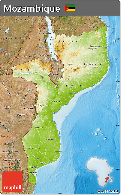 Physical Map of Mozambique, satellite outside, shaded relief sea