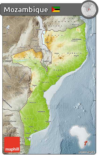 Physical Map of Mozambique, semi-desaturated
