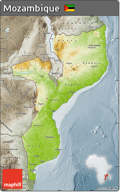 Physical Map of Mozambique, semi-desaturated
