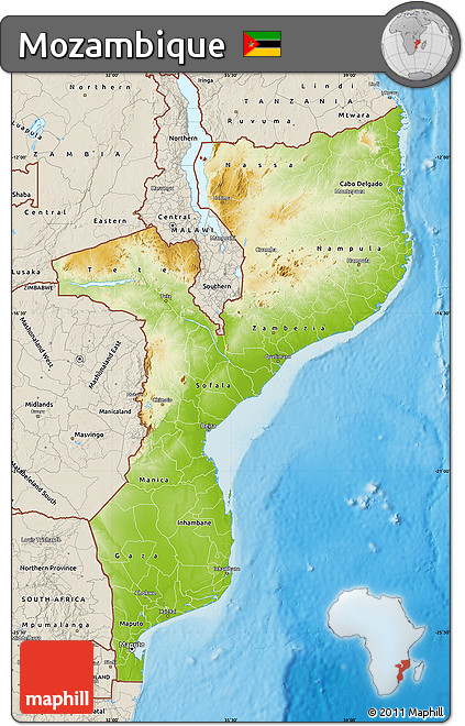 Physical Map of Mozambique, shaded relief outside