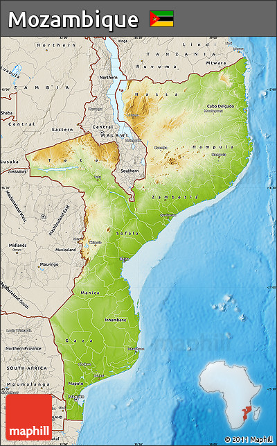 Physical Map of Mozambique, shaded relief outside