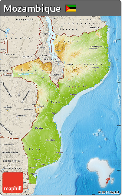 Physical Map of Mozambique, shaded relief outside