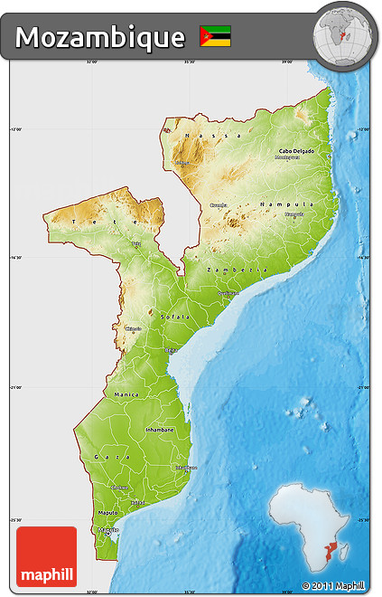 Physical Map of Mozambique, single color outside, bathymetry sea, shaded relief sea