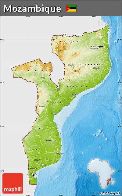 Physical Map of Mozambique, single color outside, bathymetry sea, shaded relief sea