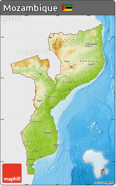 Physical Map of Mozambique, single color outside, bathymetry sea, shaded relief sea