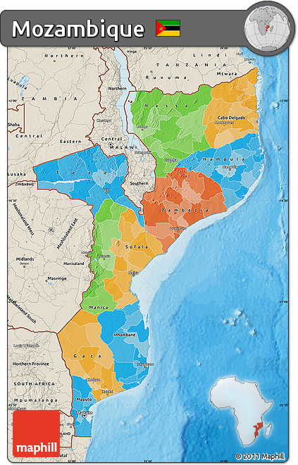 Political Map of Mozambique, shaded relief outside, bathymetry sea