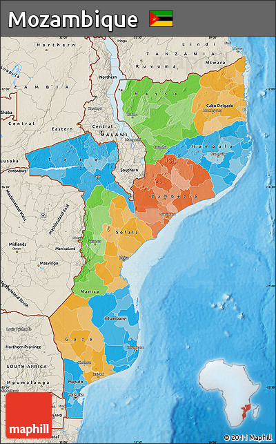 Political Map of Mozambique, shaded relief outside, bathymetry sea