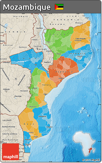 Political Map of Mozambique, shaded relief outside, bathymetry sea