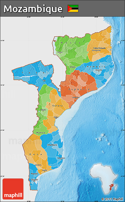 Political Map of Mozambique, single color outside, shaded relief sea