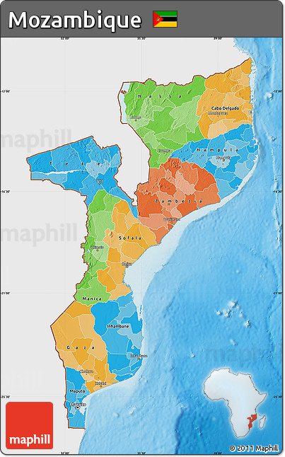 Political Map of Mozambique, single color outside, shaded relief sea