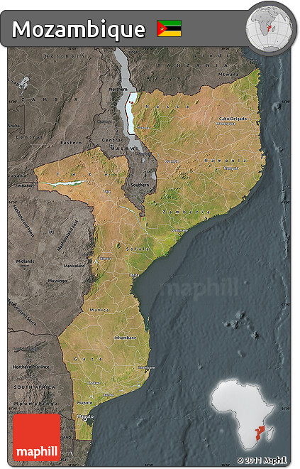 Satellite Map of Mozambique, darken, semi-desaturated