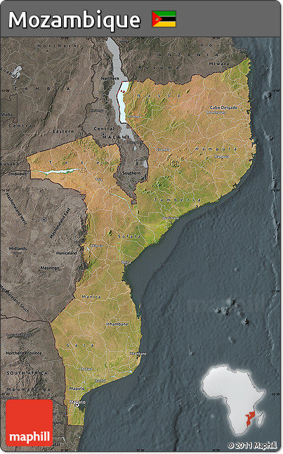 Satellite Map of Mozambique, darken, semi-desaturated