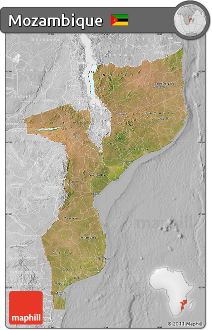 Satellite Map of Mozambique, lighten, desaturated