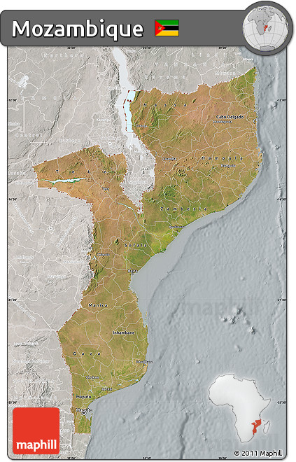 Satellite Map of Mozambique, lighten, semi-desaturated