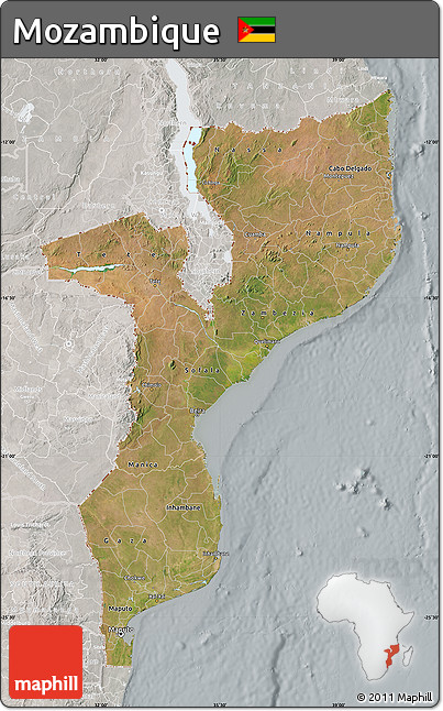 Satellite Map of Mozambique, lighten, semi-desaturated