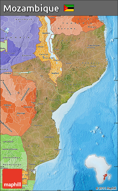 Satellite Map of Mozambique, political shades outside
