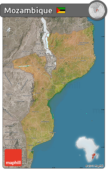 Satellite Map of Mozambique, semi-desaturated, land only