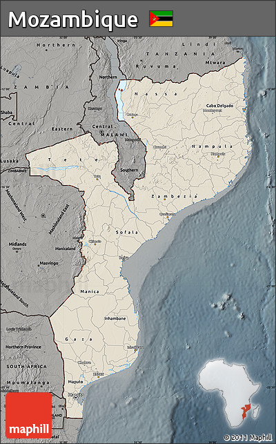 Shaded Relief Map of Mozambique, darken, semi-desaturated