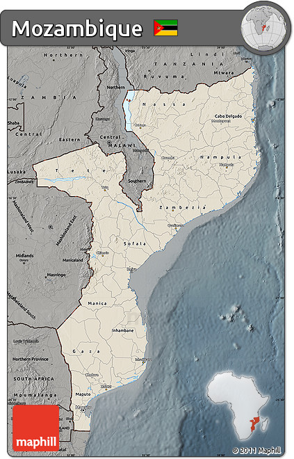 Shaded Relief Map of Mozambique, darken, semi-desaturated