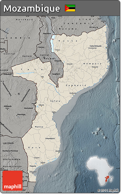 Shaded Relief Map of Mozambique, darken, semi-desaturated