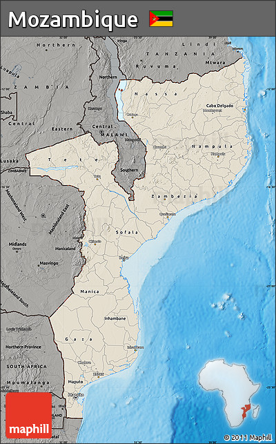 Shaded Relief Map of Mozambique, darken, semi-desaturated, land only