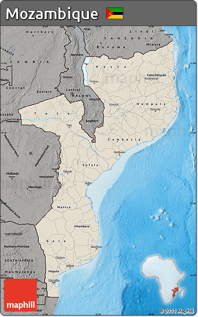 Shaded Relief Map of Mozambique, darken, semi-desaturated, land only