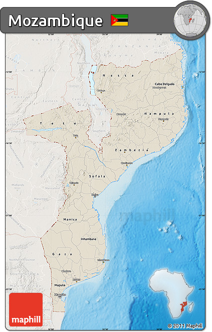 Shaded Relief Map of Mozambique, lighten, land only