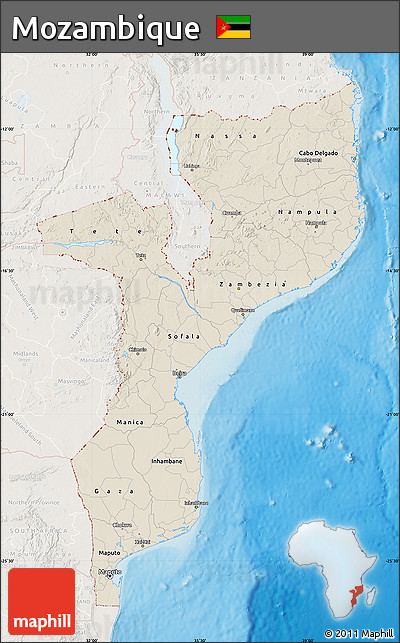 Shaded Relief Map of Mozambique, lighten, land only