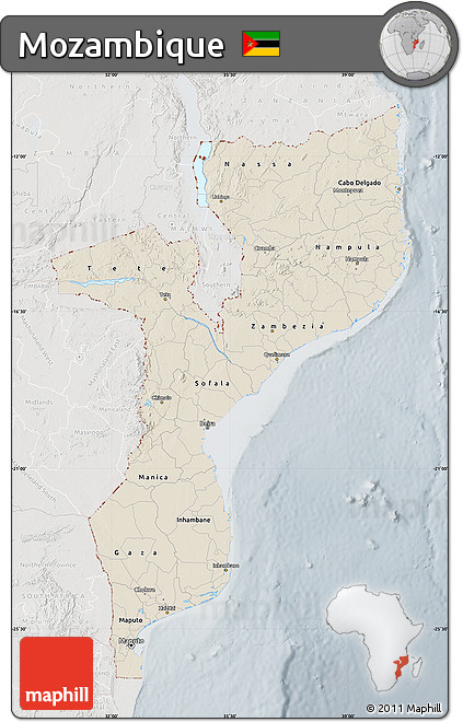 Shaded Relief Map of Mozambique, lighten, semi-desaturated