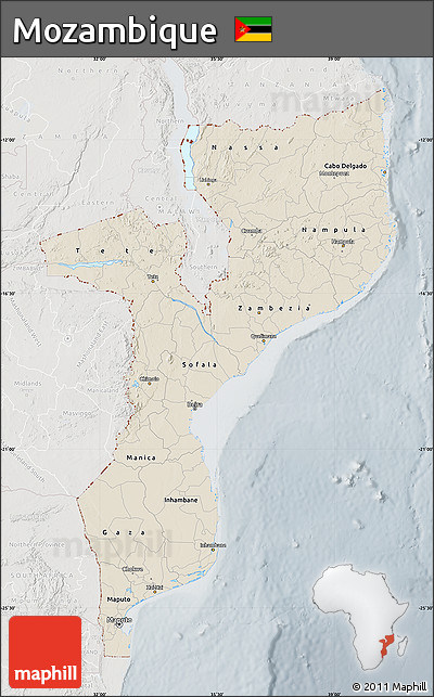 Shaded Relief Map of Mozambique, lighten, semi-desaturated