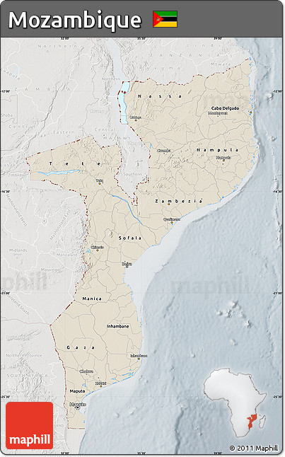 Shaded Relief Map of Mozambique, lighten, semi-desaturated