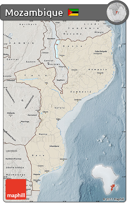 Shaded Relief Map of Mozambique, semi-desaturated